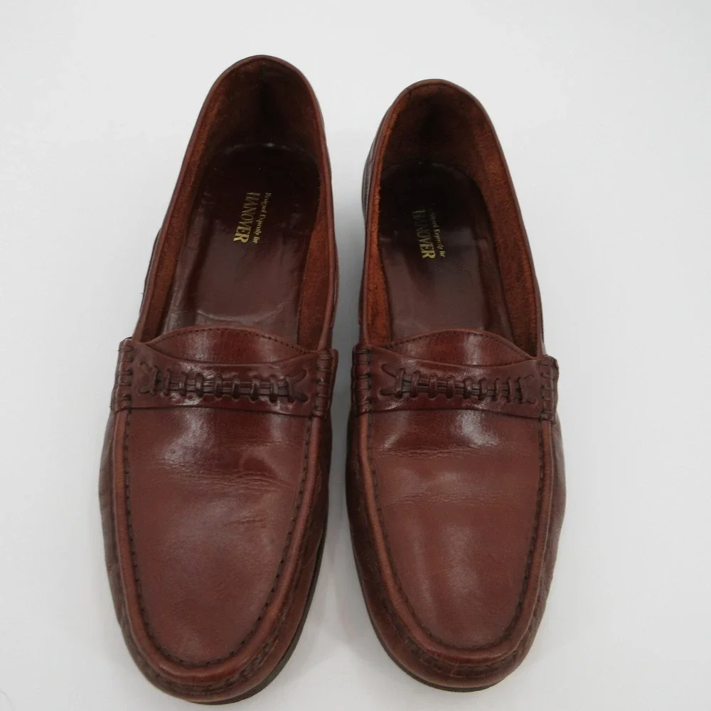 Hanover Mens 11D Brown Leather Whipstitch Moc Toe Slip On Loafer Dress Shoes